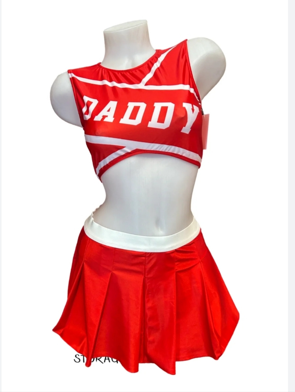 Custom Red Cheerleader Costume Set Youth Medium Crop Top Mini Skirt “Daddy”